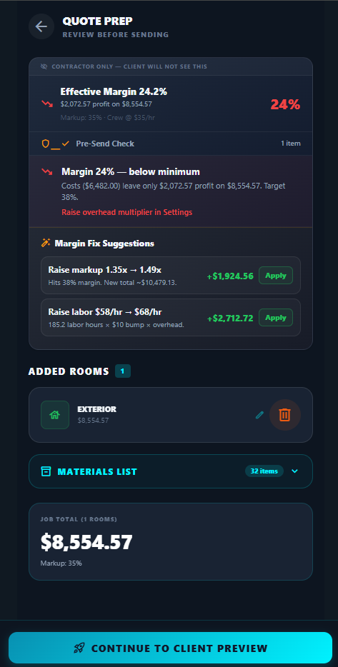 CoatBoss Quote Prep screen showing 24.2% effective margin flagged as below minimum with two Apply-button fix suggestions